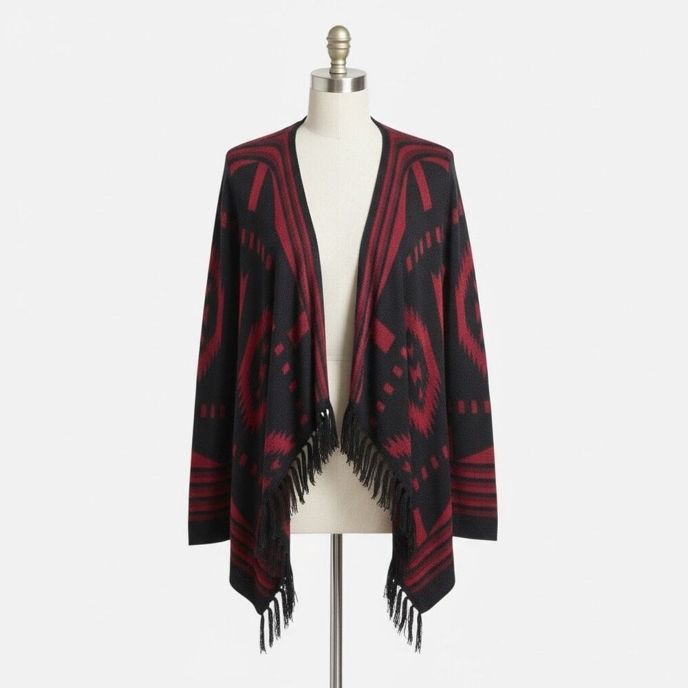 Forever 21 Cardigan Women’s Size S Red Black Aztec Open Draped Fringe‎
